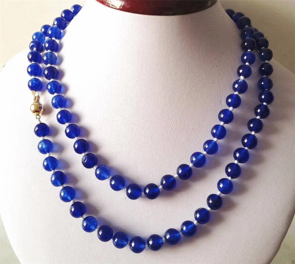 

Beautiful Blue Jade 8MM Beads Necklace 32" 14K Solid Clasp ZRW4675^^@^18K GP style Fine jewe Noble Natural jade fast SHIPPING