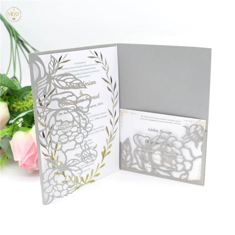 Bright silver laser cut Tri fold invitation cards for weddingsin Cards