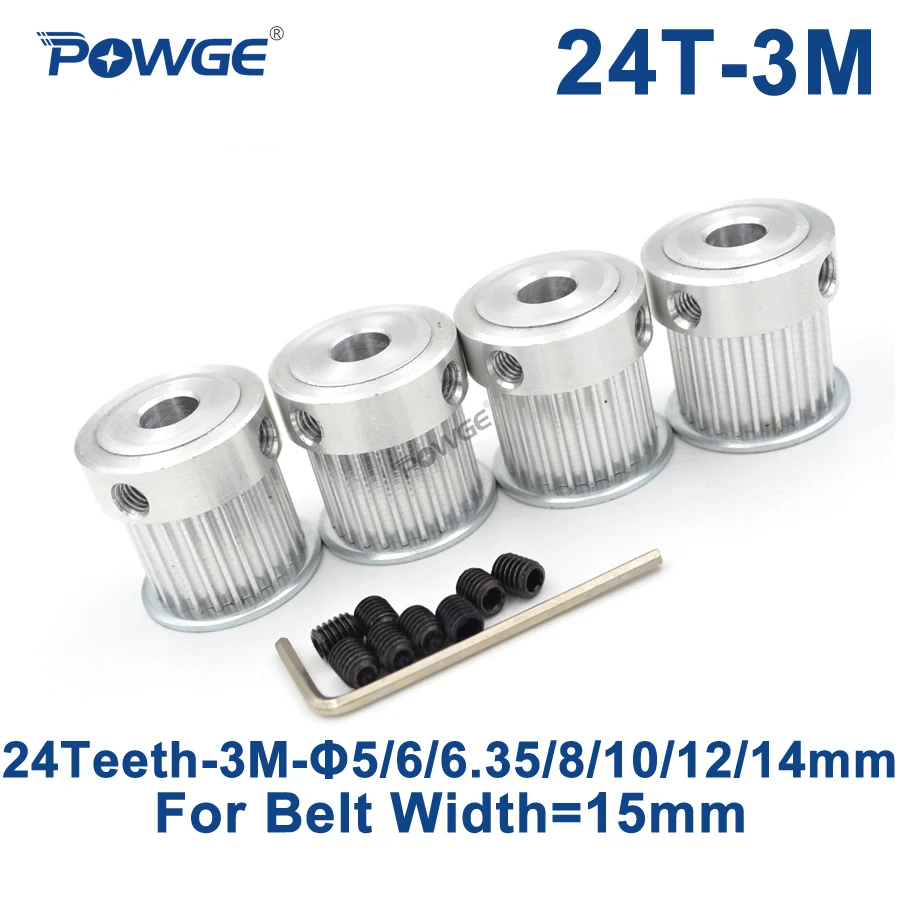 

POWGE 4pcs 24 Teeth HTD 3M Synchronous Pulley Bore 5/6/6.35/8/10/12/14mm for Width 15mm 3M Timing belt HTD3M pulley 24T 24Teeth