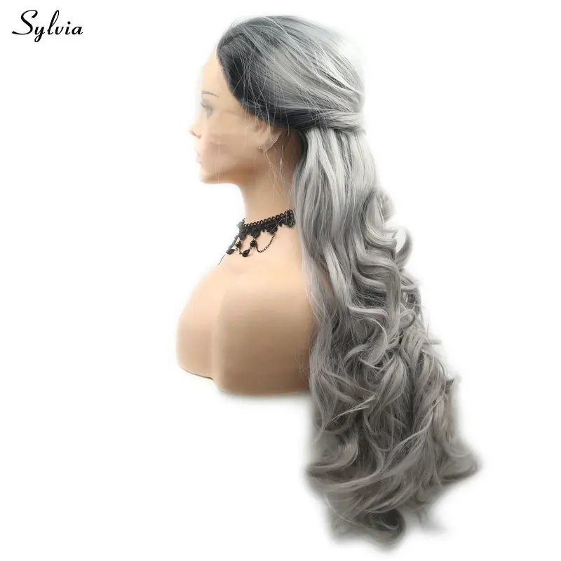 Sylvia темные корни Омбре серый синтетические волосы на кружеве парик длинные тела волна Жаростойкие рыбий хвост косы парики для женщин праздники