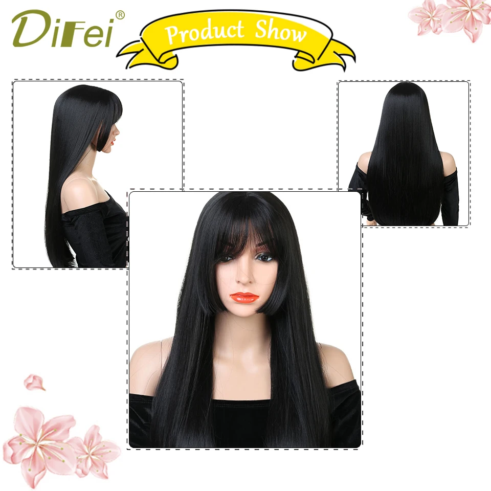 Baratos Pelucas negras largas DIFEI 24 pulgadas con flequillo pelucas rectas sintéticas resistentes al calor para mujeres afro americanas pelo falso