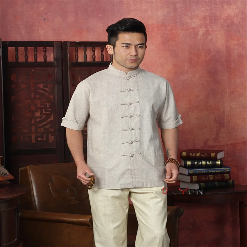 Высокое качество бежевый китайский Для мужчин хлопок белье кунг-фу Рубашка Винтаж новых китайских кнопка костюм Тан костюм Размеры