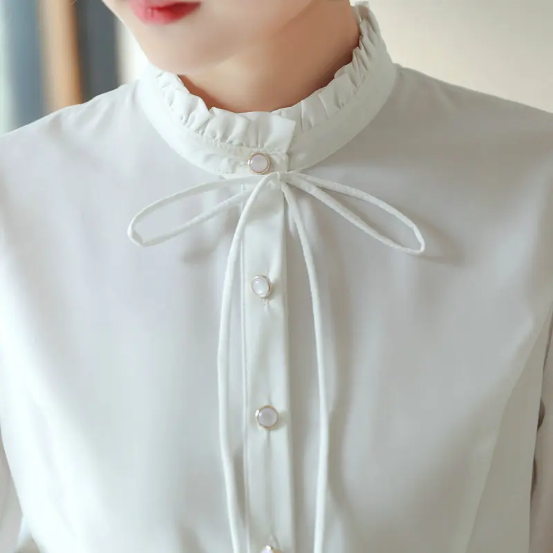 Женская блуза с длинным рукавом и воротником стойкой в розовом цвете|bow tie tops|ladies