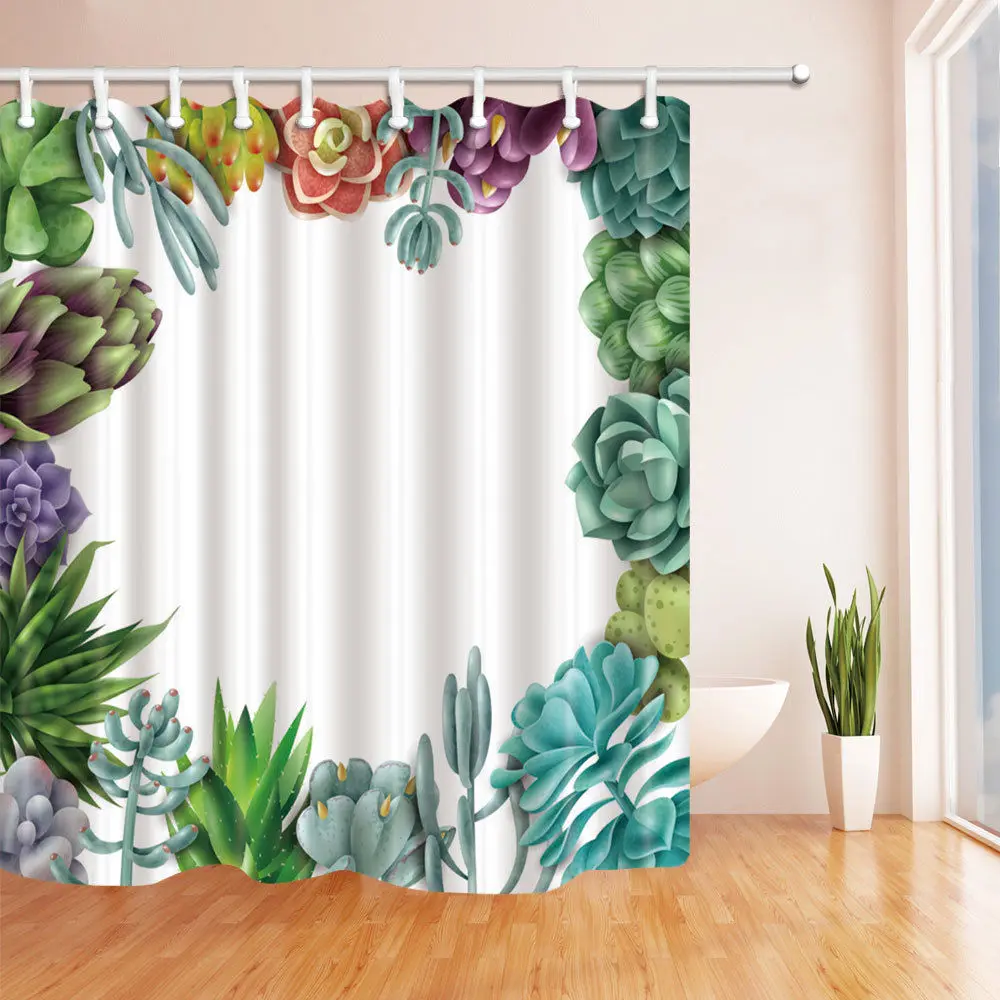Succulent Plants Bathroom Shower Curtain Polyester Fabric Waterproof