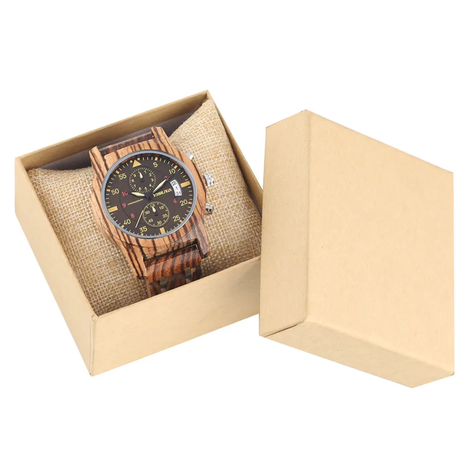 Часы с хронографом, Мужские кварцевые деревянные часы, креативные часы из нержавеющей стали+ деревянный браслет, мужские наручные часы, роскошные часы, подарки - Цвет: brown with box