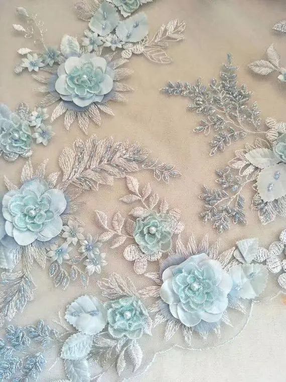 Fresh 3D Pearl Beaded Applique Flower Lace Fabric for Prom Dress, Haute