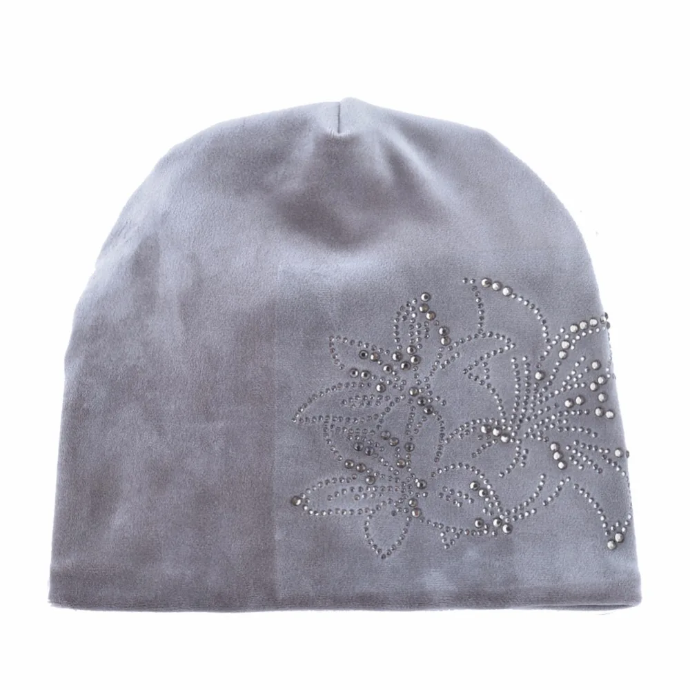 TQMSMY Brand Women's Beanie Lily Flower Rhinestones Hat Women Shine Velvet Kintted Skullies Cap Female Beanie Beanies Cap TMDH59