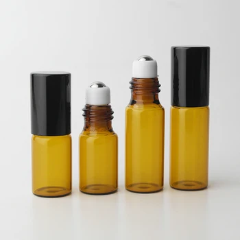 

50PCS Amber Glass Roll On Bottle Container Metal Stainless Steel Roller for Essential Oil Aromatherapy Perfume Lip Balm 3ml 5ml