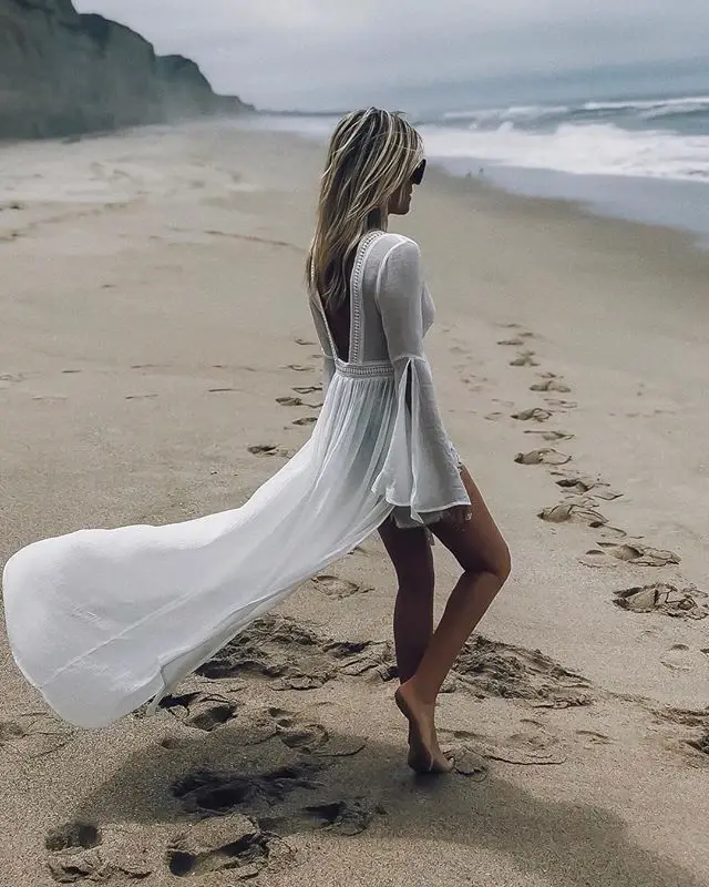 Women's Sexy Thin Mesh Long Sleeve Tie Front Swimsuit Swim Beach Maxi Cover Up Dress-76
