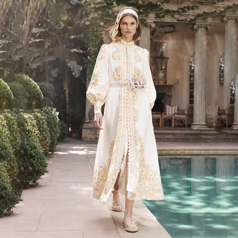 

Women Autumn Dress Lantern Sleeve Stand Collar Floral Print Button Down Causal Dress Women