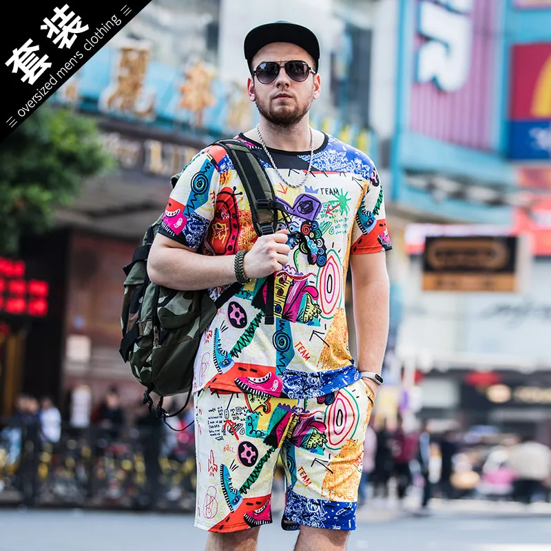 

6XL Summer Set Men Causal 3D printing Colorful cartoon Short Sleeve Shorts Sweatsuit+Pants Tracksuit Mens Track Suit Two Pieces