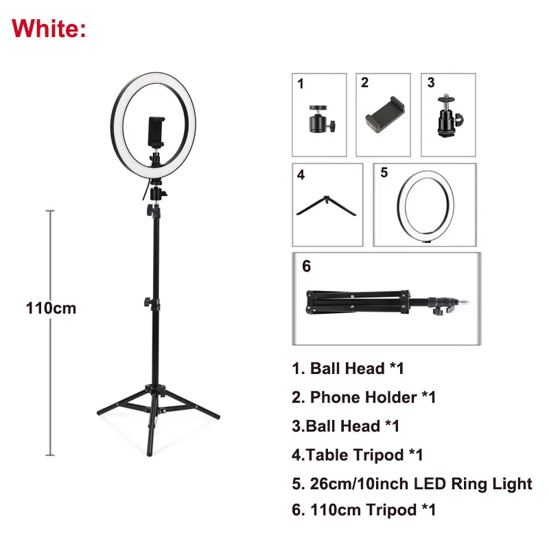 Светодиодный кольцевой светильник с регулируемой яркостью для студийной видеосъемки, 10 дюймов, 3200-5600 K, для селфи, смартфона, макияжа в реальном времени, Youtube, портретный светильник - Цвет: Белый