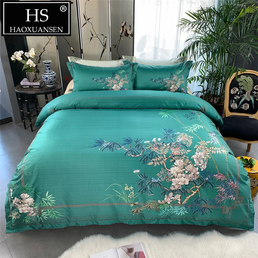 

Green 100S High Density Bedding Set 4pcs Egyptian Cotton Floral Motif Digital Printed Duvet Cover Set Queen King Size Sheets Set