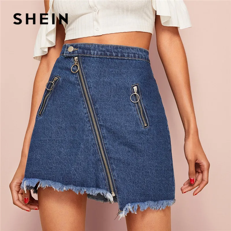 

SHEIN O-Ring Zip Detail Frayed Hem Denim Skirt Womens Casual Summer High Waist Skirt Solid Pocket Patch A Line Lady Mini Skirt
