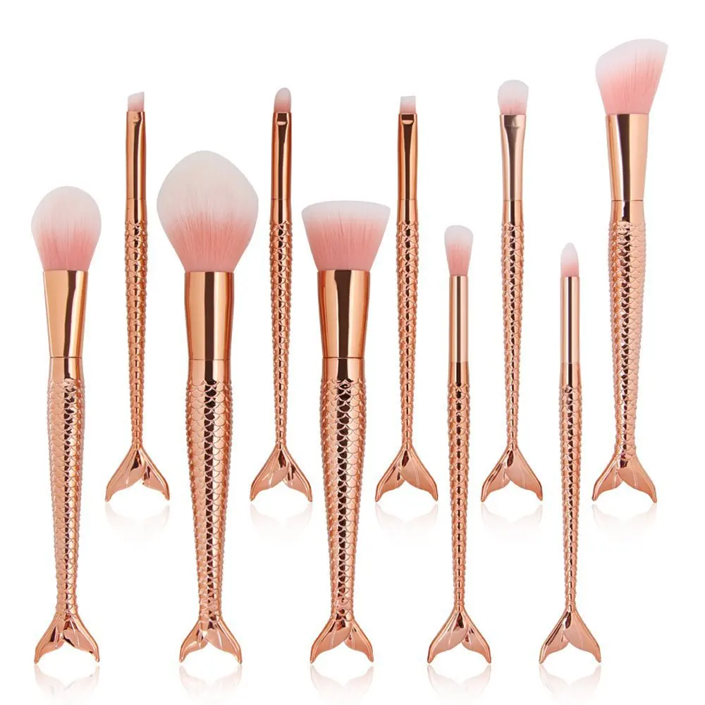 

10PCS Professional Gold Mermaid Makeup Brushes Fishtail Eyeshadow Foundation Concealer Brushes Powder Eye Makeup Tool