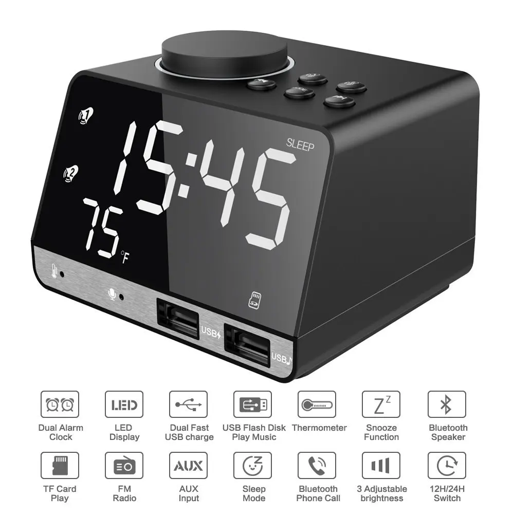 

Wireless Bluetooth Speaker with Digital Alarm Clock Dual Port USB Charge, FM Radio, Thermometer, Large Mirror LED Display