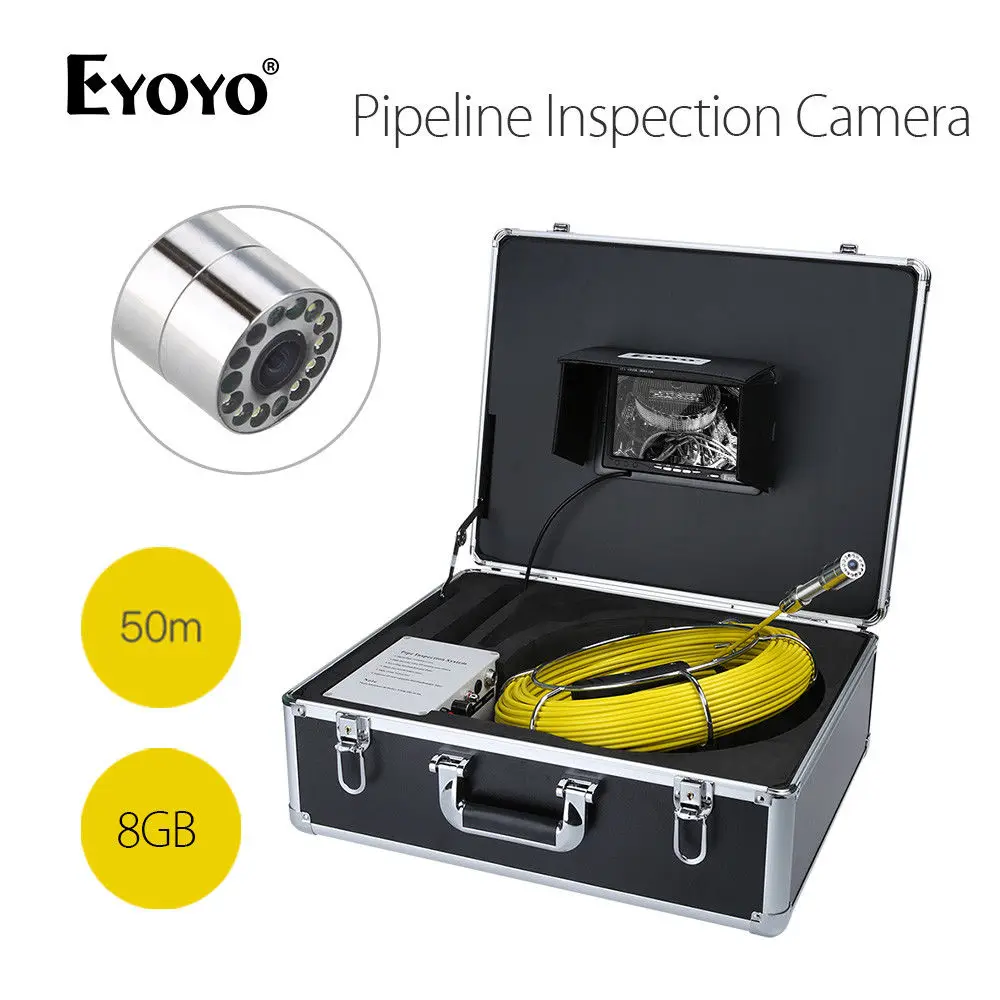 

EYOYO WF90 7" TFT Color Monitor 1000TVL 110degree IP67 DVR 50M Drain Pipe Pipeline Inspection Sewer Camera DC12.6V Snake Cam 8GB