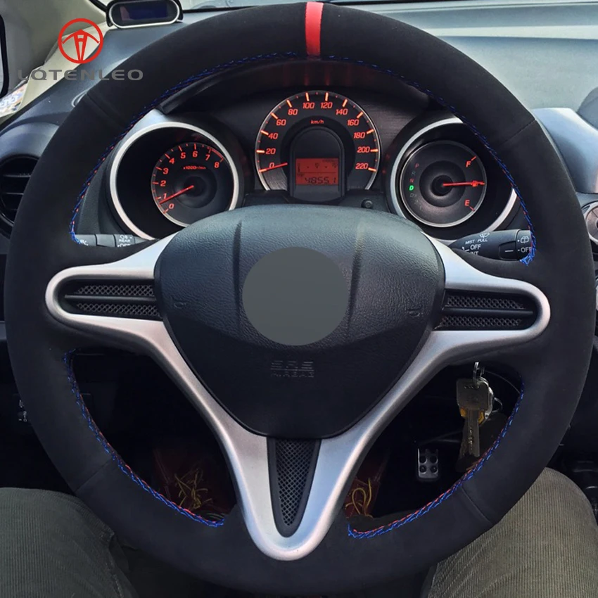 

LQTENLEO Black Suede DIY Hand-stitched Car Steering Wheel Cover for Honda Fit 2009-2013 City Jazz