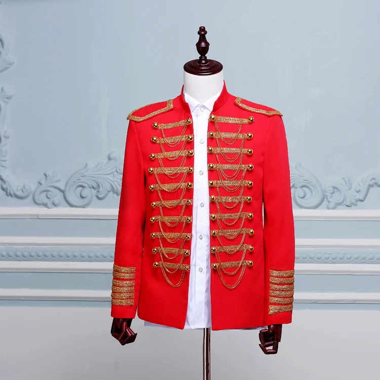

2018 Mens Classic European Army Uniform Stage Wear Black Red Gold Double-breasted Court Blazer Costume Homme Jackets Men