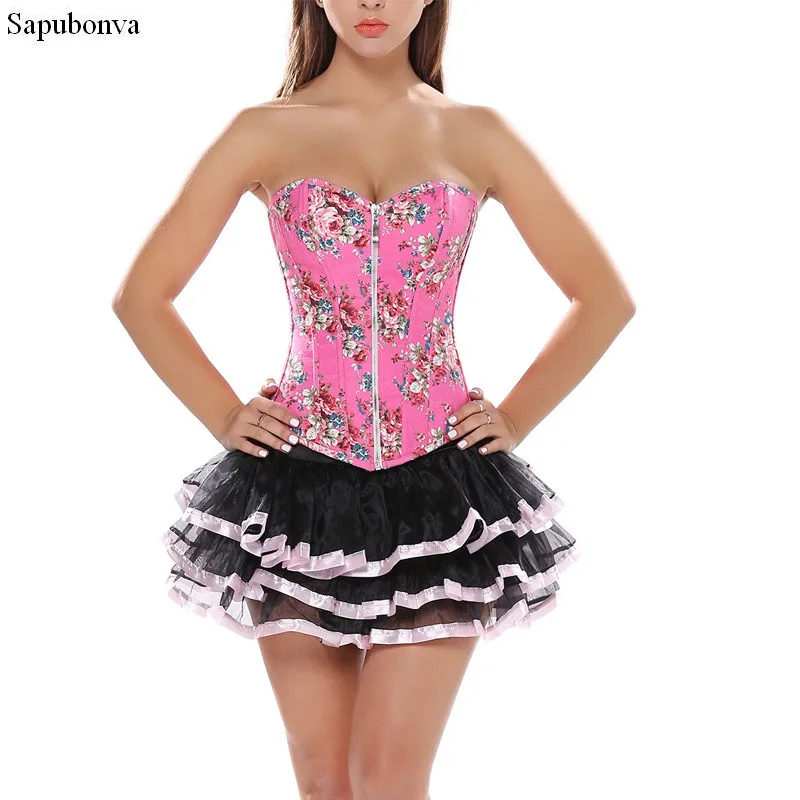 Sapubonva Zip Corsets Dress With Skirt TuTu Set Dress up Costumes Cheap Adjustable Flower Print
