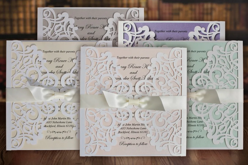  White Wedding Invitations Cards with Ribbon Bows - Set of 50 - 32721078233