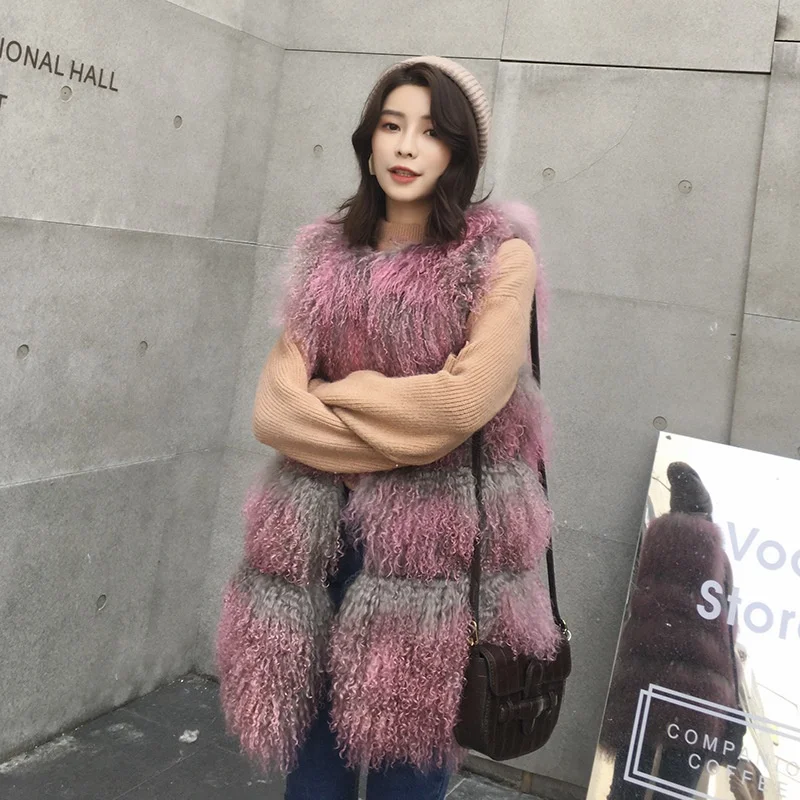 

Chic winter Outerwear Clothing Sleeveless Jacket Real Fur Vest Women Gradation Real Mongolia Lamb Fur Vest