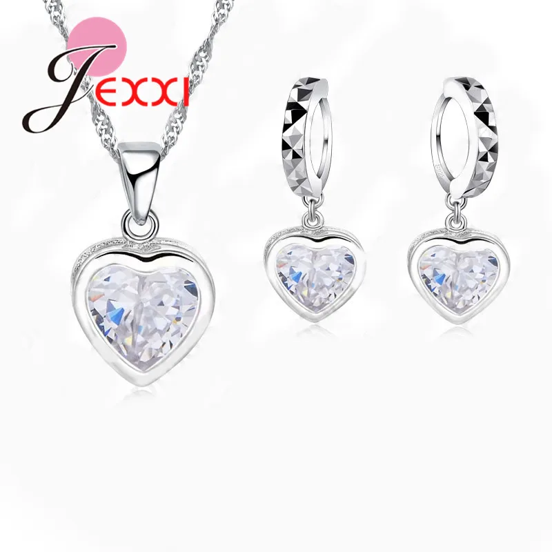 

Free Shipping New Jewelry Heart Shiny Cubic Zircon Set 925 Sterling Silver CZ Necklace+ Dangle/Hoop Earrings Sets