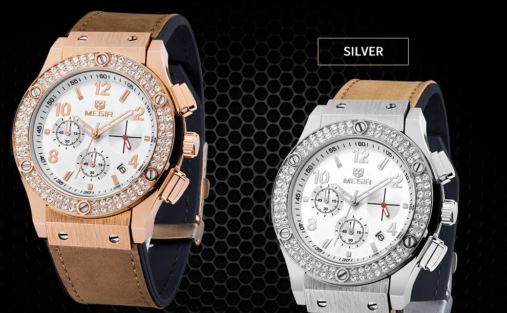 Megir Роскошные брендовые дизайнерские женские часы, женские золотые кожаные часы с силиконовым браслетом, стразы с кристаллами и бриллиантами, кварцевые часы для женщин