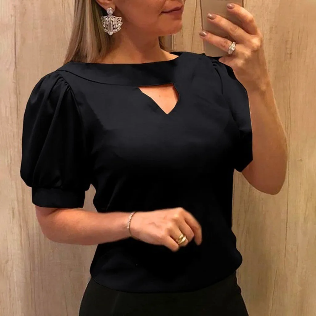 

YOUYEDIAN Fashion Pure Color Woman Blouses 2019 Casual Ladies Short Sleeves Round Neck Summer Blouses haut femme In 2019
