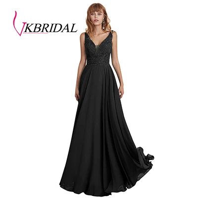 VKbridal Tank Top Lace Prom Gowns Long Deep V Neck Chiffon Bridesmaid Dresses Plus Size - Цвет: Black