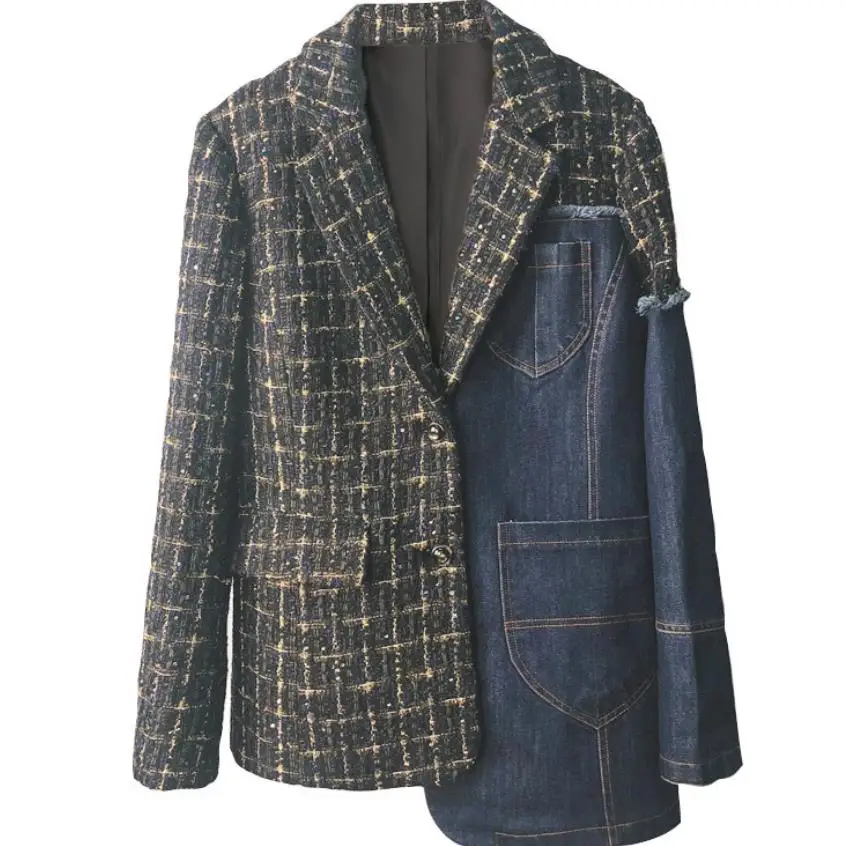 Весенне-осенний полосатый строченный блейзер из денима свободный неправильный карман куртка