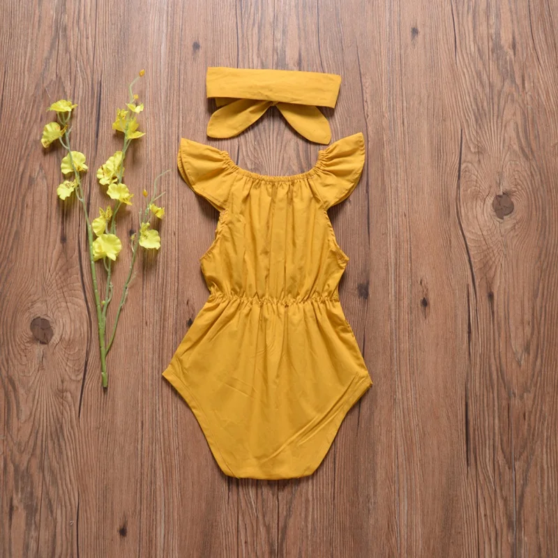 

Baby Girls Rompers Summer Newborn Baby Girls Lace Design Rompers Headband Set Flare Sleeve Jumpsuit