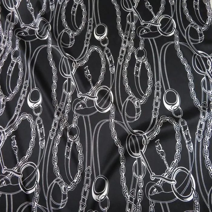 

140cm Width 19mm White Chains Black Mulberry Silk Stretch Satin Fabric for Woman Summer Dress Blouse Sewing-BF045