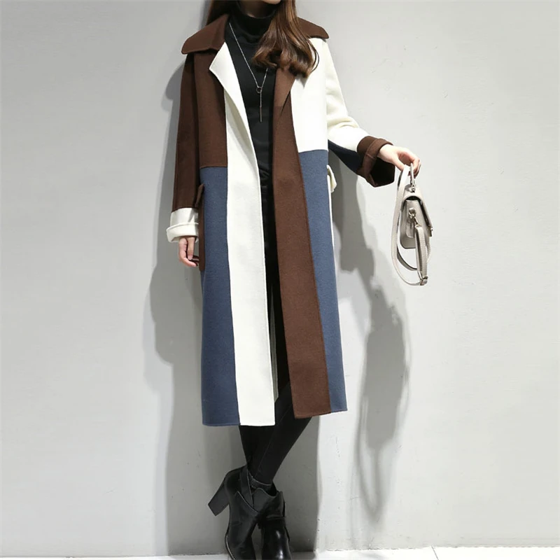 

2018 women's autumn and winter large size long woolen coat female stitching contrast color long over the knee woolen coat D854