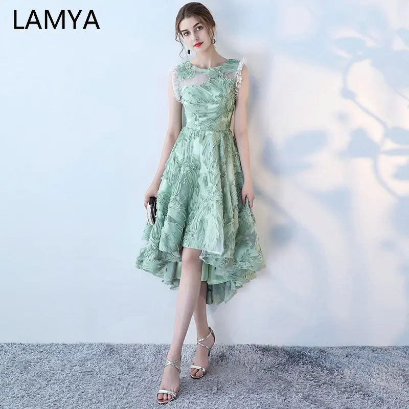 

LAMYA Illusion High Low Prom Dress O Neck Sleeveless Evening Party Dresses Black Lace Formal Gown Robe De Soiree