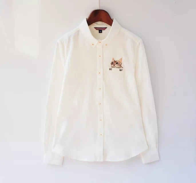 Размеры S M L XL рубашка в Оксфордском стиле с карманами вышивкой кота длинными