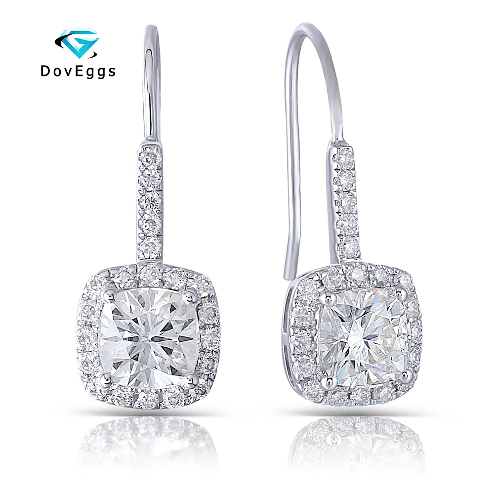 

DovEggs Platinum Plated Silver 2.62CTW 6*6mm H Color Cushion Cut Moissanite Halo Drop Dnagling Earrings for Women