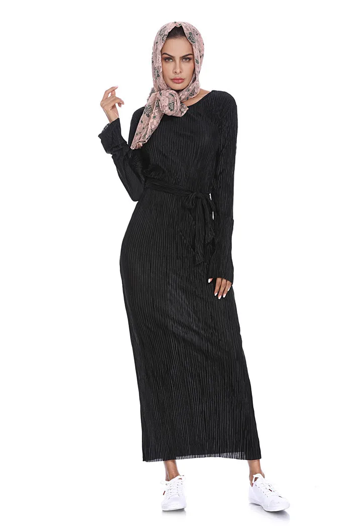 

Muslim Long Sleeve Ramadan Arab Turkish Islamic Clothing Abaya Wrinkled Pencil Skirt Pliss Maxi Dress Long Robes Middle East