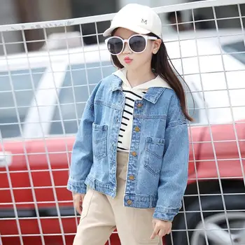 

2019 Autumn new girls denim jacket long sleeve single-breasted casual coat blue jacket for girls modis kids clothes Y1776