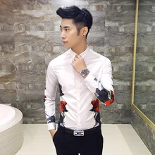 16 Осенние новые черные и белые розы узоры, цифровая печать, мужская рубашка с длинными рукавами, 1539-P55-белый