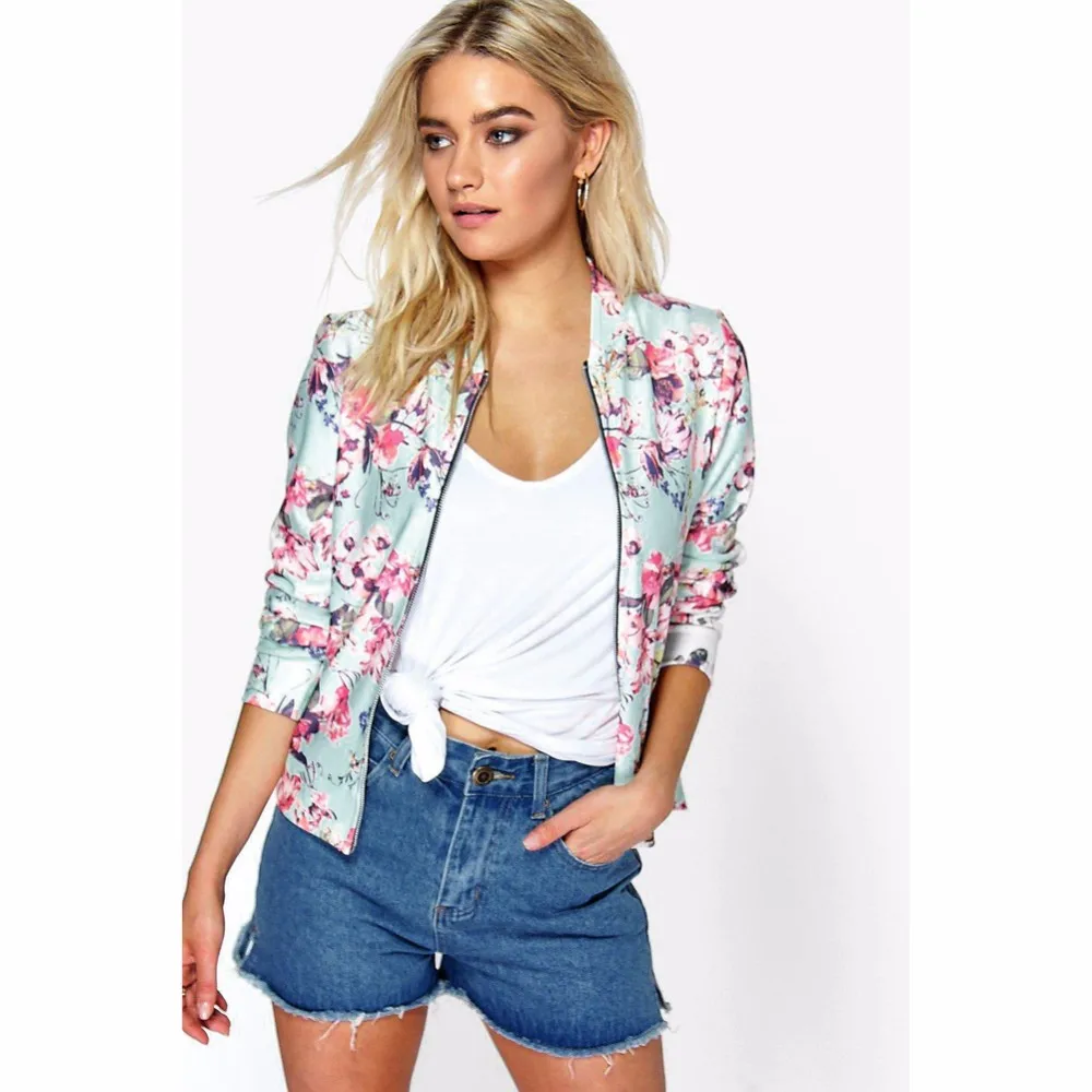 Fashion Floral Print Women Basic Coats Autumn Winter Bomber Jacket Long Sleeve Casual Basic Jackets Jaqueta Feminina (Us 10-18W)