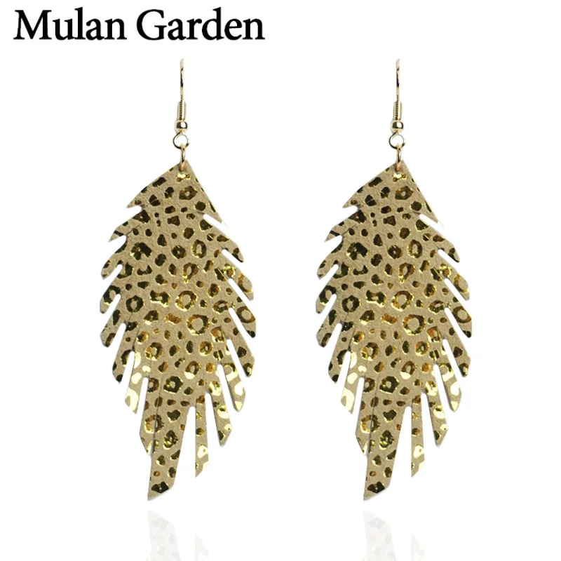 

M&G Gold Feather Genuine Goat Leather Earrings Women Fashion Glitter Leaf Statement Earrings Leather Jewelry Girls Accessories