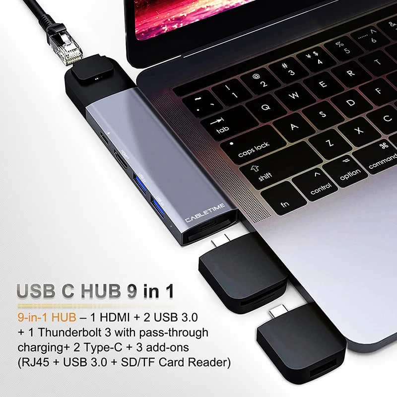  CABLETIME Type C HUB to USB 4K HDMI Lan USB C TF SD USB3.0 USB-C Adapter PD 9 in 1 HUB for MacBook 