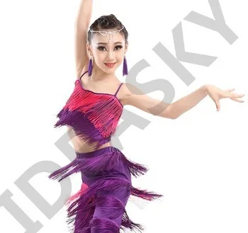 Free Shipping kids child girls latin tassel fringe latin dance clothes set top+pants dance clothing suit girls latin dancewear