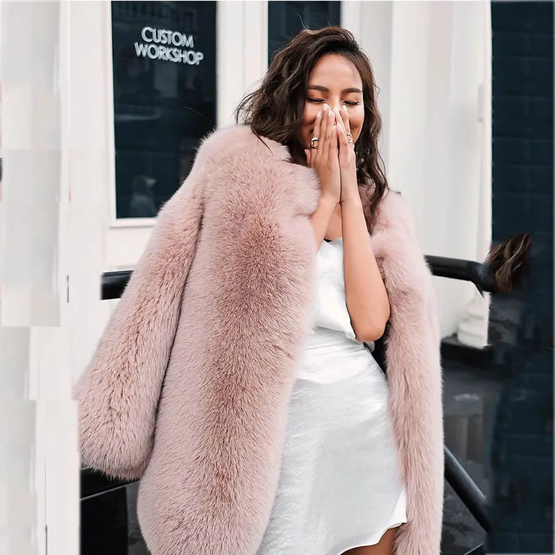 

Fauzimen elegant pink women real fox fur coat streetwear autumn winter warm plush fur coat female plus size overcoat party