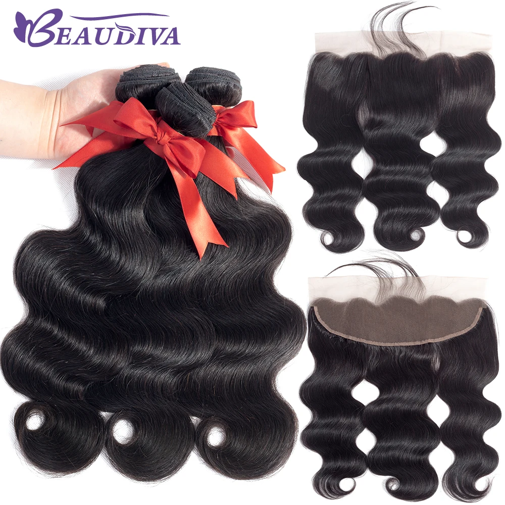 Beaudiva Brazilian Hair Weave Bundles With Frontal With Bundles Brazilian Body Wave Human Hair Bundles With Lace Frontal Closure