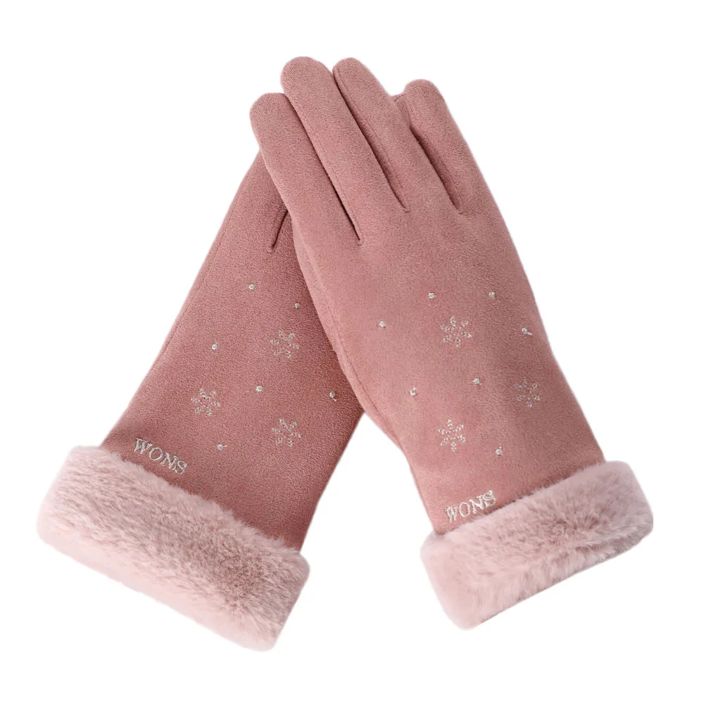 Женские перчатки Осень Зима варежки со снежинками harajuku вышитые перчатки теплые рукавицы полный палец рукавицы женские перчатки - Цвет: Pink