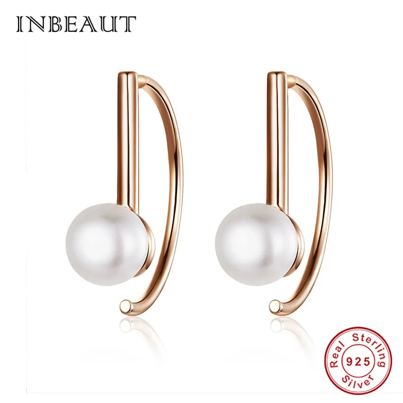 

INBEAUT 100% Real 925 Sterling Silver D Pearl Stud Earrings for Women Romantic Rose Gold Letter Earrings Trendy S925 Jewelry