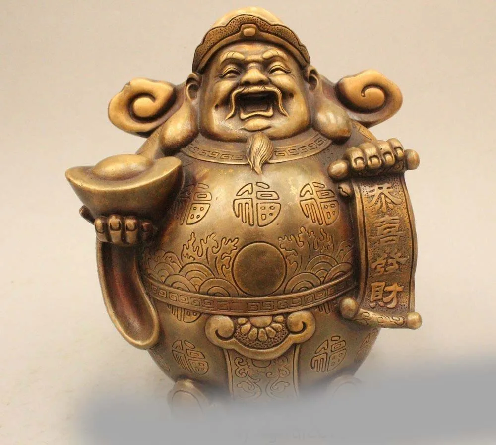 

8" Chinese Folk Feng Shui Copper Seat Mammon Money Wealth God Statue Sculpture