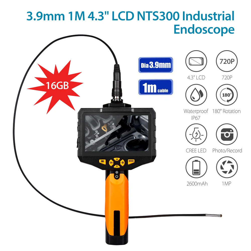 

EYOYO NTS300 Dia 3.9mm Inspection Camera 4.3 LCD Monitor 720P Endoscope Borescope Inspection 1M Tuble 6 Leds 360 Degree Flip